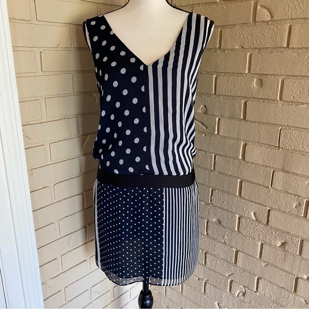 Single Mixed Print Backless Mini Dress Slate Blue Polka Dot Striped Size Small